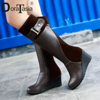 DORATASIA/большие размеры 30-52, новая модная обувь в стиле пэчворк, женская обувь на танкетке и высоком каблуке, женские зимние меховые сапоги с ремешком и пряжкой