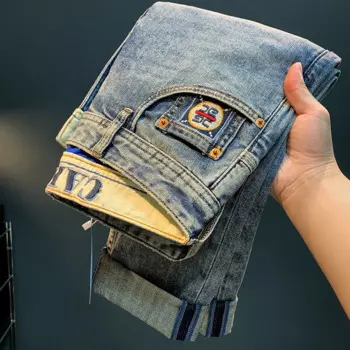 Доступные Роскошные модные повседневные джинсы для мужчин 2024summer, тонкие свободные шаровары, высококачественные вышитые брюки с тесьмой