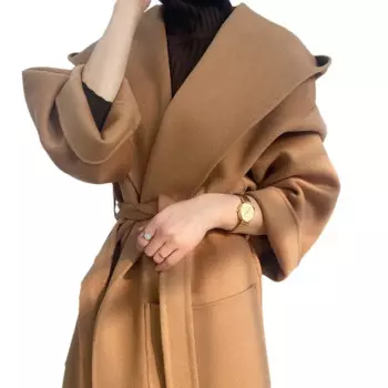 Двустороннее кашемировое пальто женское средней длины 2024, новая корейская версия, толстое тонкое шерстяное пальто с капюшоном