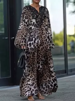 Дракующие женские платья макси с леопардовым принтом, свободные женские праздничные пляжные платья до щиколотки, новые платья с v-образным вырезом, Vestidos