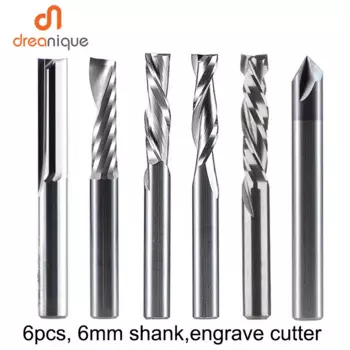 Dreanique 6 шт/лот Концевая фреза CNC 6 мм хвостовик гравировальный резак набор твердосплавный фреза для деревообработки Alunimiun медь