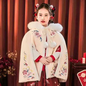 Древняя Восточная шаль принцессы для девочек, красный, белый цветок, вышивка, с капюшоном, твидовая накидка, зимний костюм Han Tang, туника, костюм, одежда