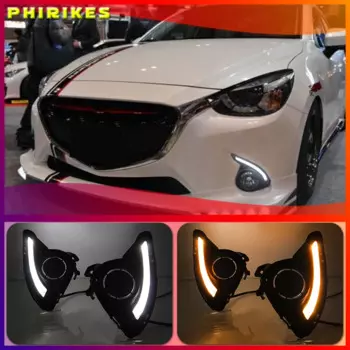 DRL для Mazda 2 Mazda2 Demio 2015 2016 светодиодный ные дневные ходовые огни, дневной свет, противотуманные фары, желтый сигнал, 1 комплект