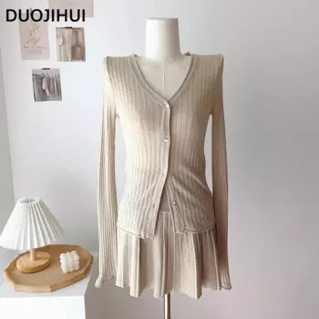 DUOJIHUI Классический вязаный женский кардиган из двух частей в полоску, осенняя облегающая юбка Chicly, модный однотонный Повседневный женский кардиган