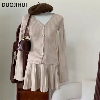 DUOJIHUI милый пикантный вязаный женский кардиган из двух частей с V-образным вырезом базовые мини-юбки модные однотонные повседневные осенние женские кардиганы