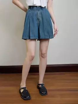 DUSHU женские джинсовые брюки трапециевидной формы с блокировкой плоти, новинка лета 2024, джинсовые женские повседневные шорты с высокой талией 24DS82699