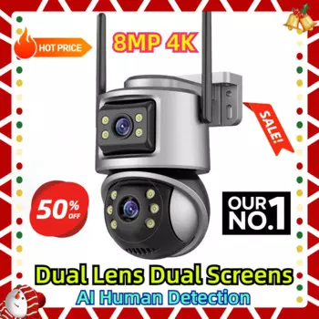 Двойной объектив, двойной экран, AI, обнаружение человека, беспроводная наружная IP-камера видеонаблюдения, приложение ICSEE, 8MP, 4K PTZ, Wi-Fi камера с