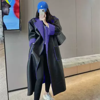 Двусторонняя одежда, пальто из искусственного меха, женская толстая синяя длинная парка Klein, пальто из овечьей шерсти с поясом, теплая меховая кожаная куртка, свободная верхняя одежда