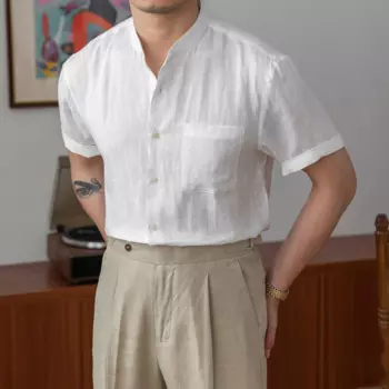 Дышащая рубашка из 100 льна с коротким рукавом и вертикальным воротником для лета