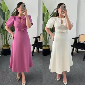 Джерси с бантом и рюшами для коктейльной вечеринки, трапециевидное платье с круглым вырезом на заказ, платье миди