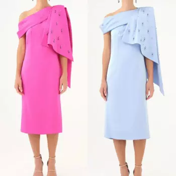 Джерси со стразами и складками для выпускного вечера, трапециевидное платье на одно плечо, платье миди на заказ