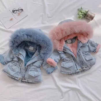 Джинсовая куртка для маленьких девочек OLEKID, зимняя теплая верхняя одежда из натурального бархатного меха для маленьких девочек, пальто, искусственная детская парка для младенцев, 2024