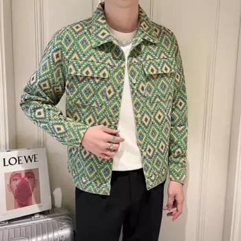 Джинсовая куртка мужская с принтом, модная зеленая повседневная куртка в клетку, Джинсовая Верхняя одежда на осень