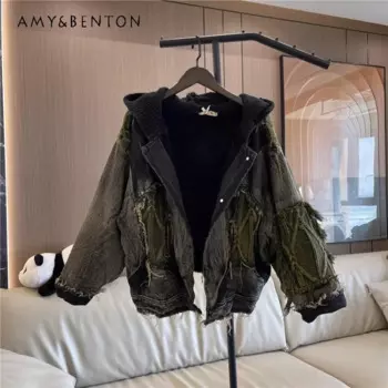 Джинсовая куртка с капюшоном, на осень/зиму