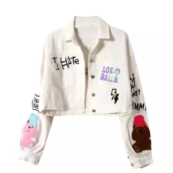 Джинсовая куртка с надписью и блестками, с нашивкой в виде мультяшного медведя, Новинка весна-осень 2024, Корейская версия, свободная женская джинсовая куртка