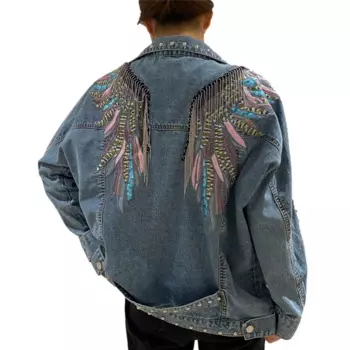 Джинсовая куртка с вышивкой и цепочкой и кисточками, женская повседневная ковбойская верхняя одежда, весна-осень, винтажная синяя свободная короткая джинсовая куртка, женская