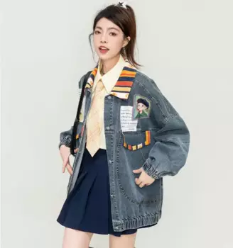 Джинсовая куртка в стиле пэчворк, креативный узор граффити, комбинированная джинсовая куртка в ковбойском стиле, Укороченный кардиган, корейский стиль, Осень-зима