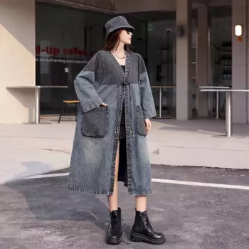 Джинсовая куртка в стиле пэчворк, Женские винтажные Топы с длинным рукавом, свободная повседневная женская куртка с V-образным вырезом, женская верхняя одежда, весенние женские куртки 2023