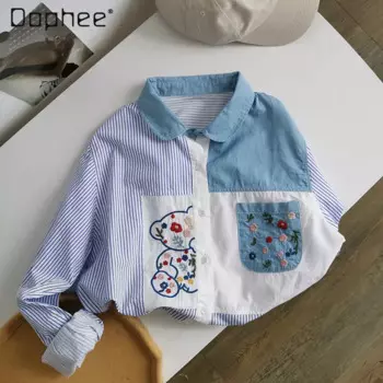 Джинсовая рубашка с лацканами и вышивкой в виде цветов в стиле ретро, художественная рубашка в вертикальную полоску, женская свободная рубашка Blusas с длинными рукавами