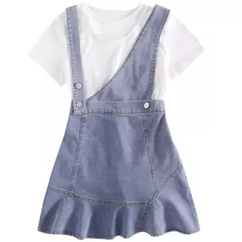 Джинсовая юбка на подтяжках для девочек, новинка 2022, летний детский модный костюм с топами и дырками