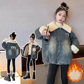 Джинсовое пальто для девочек, осенне-зимнее бархатное пальто для девочек-подростков с плюшевым воротником и шнуровкой на подоле, теплая куртка для девочек, 2024