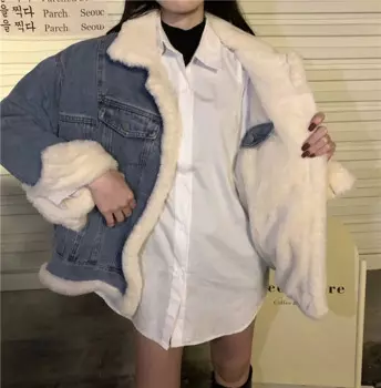 Джинсовое пальто из овечьей шерсти, женское короткое пальто, Зимняя Толстая теплая верхняя одежда, новая хлопковая стеганая куртка с длинным рукавом, уличная джинсовая куртка-бомбер