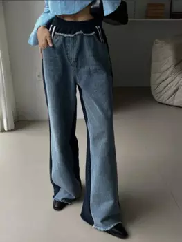 Джинсовые брюки SuperAen с высокой талией в европейском и американском стиле, Осенние винтажные синие повседневные брюки с широкими штанинами