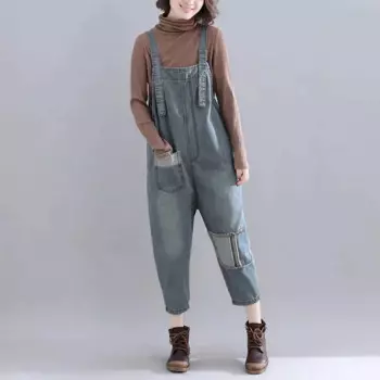 Джинсовые комбинезоны, повседневные Прямые укороченные брюки, модные однотонные винтажные комбинезоны в Корейском стиле, слитные костюмы, женская одежда