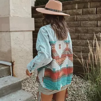 Джинсовые куртки с длинными рукавами в стиле бохо для женщин, топы, пальто, винтажные этнические лоскутные повседневные свободные джинсы большого размера, осенне-зимняя верхняя одежда