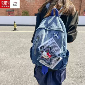 Джинсовый цветной рюкзак MINISO Hello Kitty, вместительный мультяшный рюкзак, Женский студенческий школьный рюкзак для колледжа