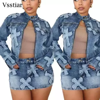 Джинсовый комплект Vsstiar из двух предметов с вышивкой, жакет на молнии с длинным рукавом и мини-юбка, модная уличная одежда, повседневные женские костюмы