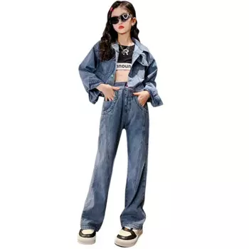 Джинсовый костюм для девочек 4-14 лет, короткий топ и джинсы, модный костюм из двух предметов, прямые штаны, на весну