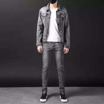 Джинсовый мужской облегающий костюм из двух предметов, стрейчевая куртка, джинсовый костюм для весны и осени