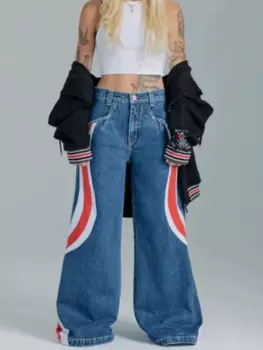 Джинсы HOUZHOU Y2K женские с широкими штанинами, винтажные мешковатые синие брюки из денима в эстетическом стиле 90-х, большие размеры, джинсы из денима с вышивкой в стиле ретро
