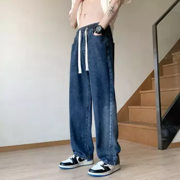 Джинсы-карго мужские с завязкой на талии, повседневные штаны из хлопка, свободные брюки из денима в стиле хип-хоп, уличная одежда, Молодежные длинные брюки-джоггеры с широкими штанинами