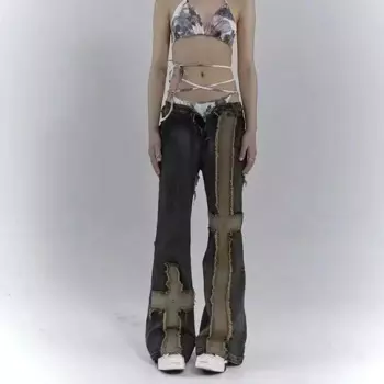 Джинсы-клеш с грубыми краями, с высокой талией