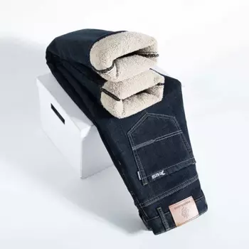 Джинсы мужские флисовые прямые стрейчевые, на зиму, 2024