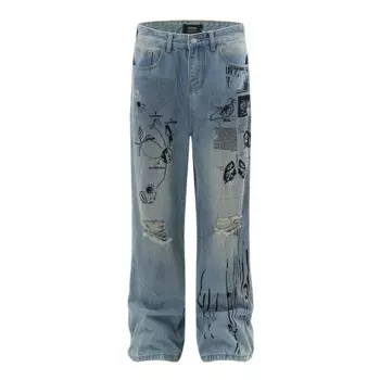 Джинсы мужские потертые в стиле хип-хоп с принтом