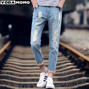 Джинсы мужские рваные до колена, Стрейчевые брюки скинни, однотонные брюки в стиле хип-хоп, облегающие штаны, осень-лето