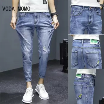 Джинсы мужские рваные до колена, Стрейчевые брюки скинни, однотонные синие брюки в стиле хип-хоп, облегающие штаны, лето-осень
