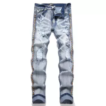 Джинсы мужские рваные с заклепками, уличная одежда с дырками, брюки из денима, узкие джинсы в стиле хип-хоп, черные синие