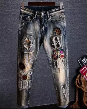 Джинсы мужские с вышивкой, модные брюки-карандаш в стиле панк-рок, с дырками, весна
