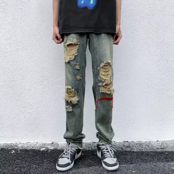 Джинсы мужские с вышивкой в стиле хип-хоп, винтажные рваные брюки из денима, свободные прямые джинсы с красной линией, 2023