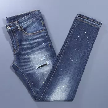 Джинсы мужские Стрейчевые в стиле ретро, модные рваные джинсы-стрейч, Брендовые брюки с принтом в стиле хип-хоп, синие