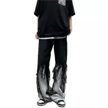 Джинсы прямые черные с бахромой, в стиле панк