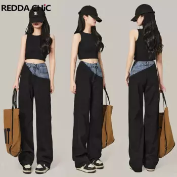 Джинсы REDDACHiC в стиле пэчворк Grunge Y2k, мешковатые брюки с высокой талией, контрастные повседневные широкие брюки для женщин в стиле хип-хоп, уличная одежда, брюки со вставками