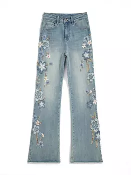 Джинсы с цветочной вышивкой, с высокой талией