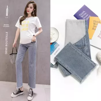 Джинсы с широкими штанинами для беременных Брюки для беременных девятые Удобные Свободные джинсы с высокой талией