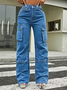 Джинсы Y2K женские с завышенной талией, праздничные синие комбинезоны с множеством карманов, завышенной талией и подтягивающими бедра брюки