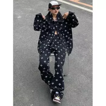 Джинсы женские Пальто с принтом Повседневные свободные куртки 2-х предметные брюки длиной до щиколотки Широкие брюки в стиле хип-хоп Американские джинсовые брюки Уличные комплекты